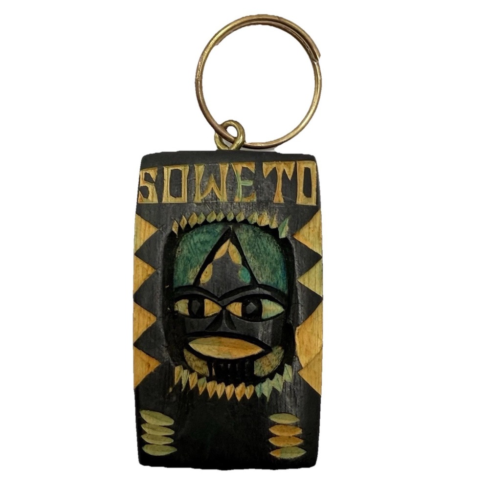 Vintage Hand Carved Brown Wooden Pendant Keychain Bag Charm Soweto South Africa - Picture 2 of 9